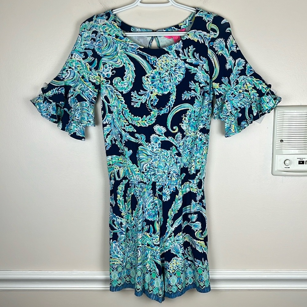 LILLY PULITZER Lula Romper High Tide Navy,  Scuba Doo Engineered Romper, Size XS